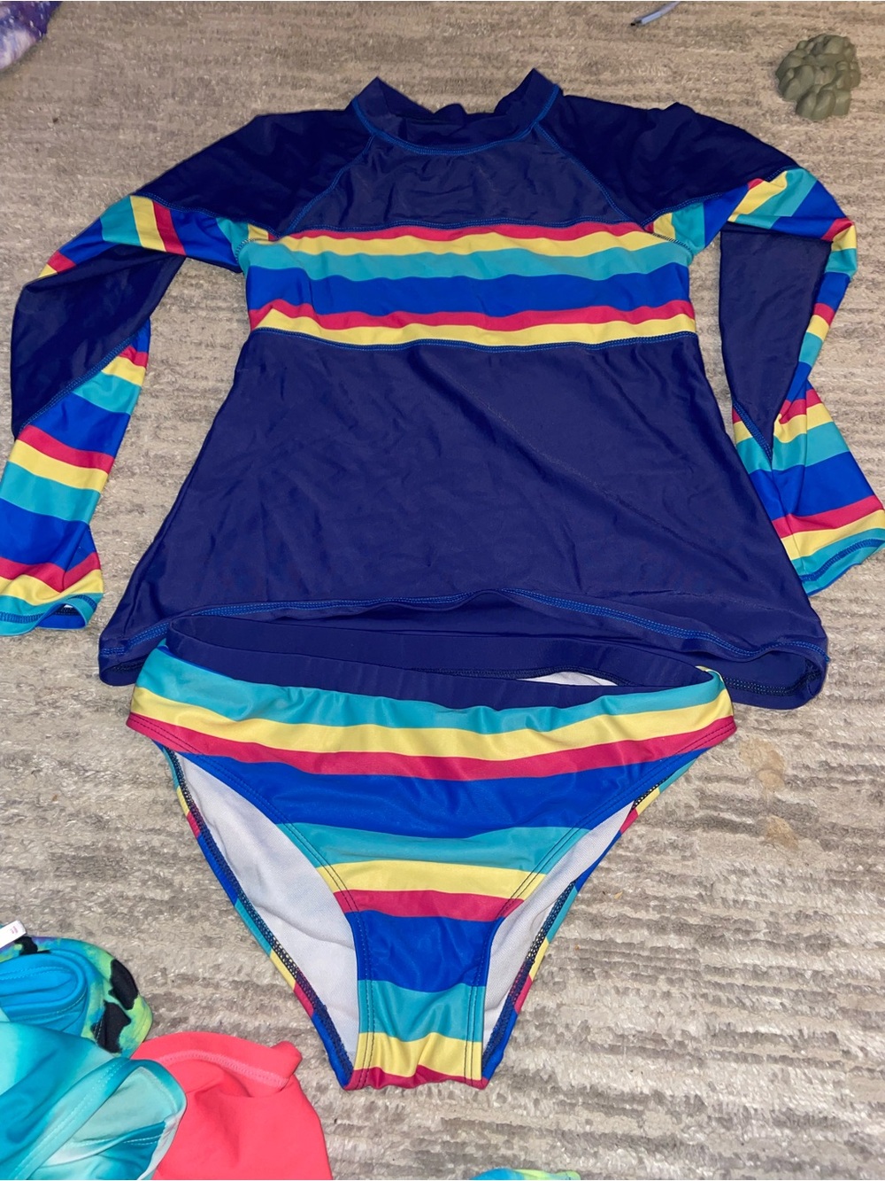 Kids Navy Rainbow Stripe Rash Guard Swim Set